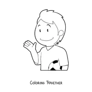 Coloring page of a boy soccer player waving