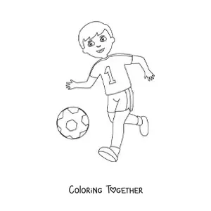 Coloring page of a boy running after a soccer ball