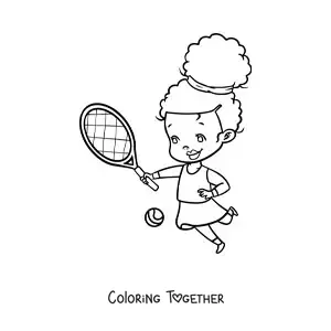 Coloring page of a kawaii girl playing tennis