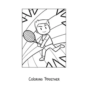 Coloring page of a boy playing tennis