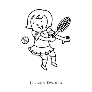 Coloring page of a kawaii girl tennis player