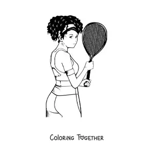 Coloring page of a woman holding a tennis racket