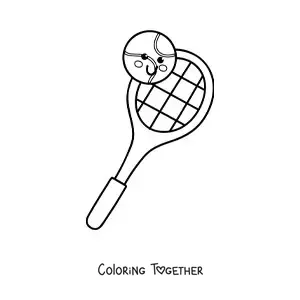 Coloring page of a kawaii tennis racket and ball
