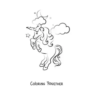 Coloring page of an animated unicorn on two legs, with stars, clouds, and the moon in the background