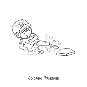 Coloring page of a baseball player reaching a base
