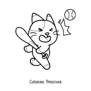 Coloring page of an animated baseball cat