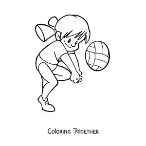 Coloring page of a kawaii girl playing volleyball