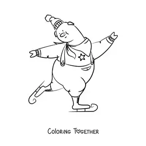 Coloring page of an animated pig ice skating