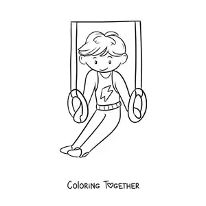 Coloring page of a boy gymnast on the rings