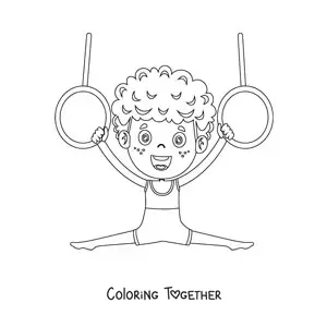 Coloring page of a kawaii boy doing gymnastics on the rings