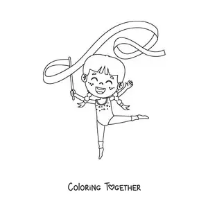 Coloring page of a kawaii girl doing rhythmic gymnastics