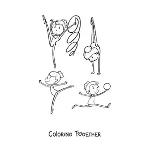 Coloring page of several girls practicing artistic gymnastics