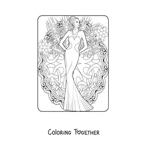 Coloring page of a woman in a mermaid-style dress