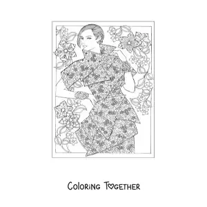 Coloring page of a woman in a fashionable dress