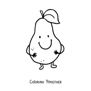 Coloring page of a cartoon pear with hands and feet smiling
