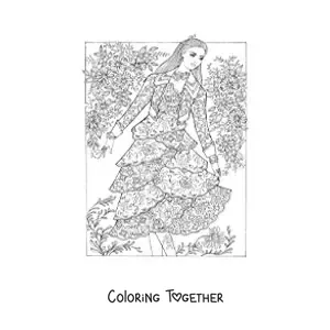 Coloring page of a model in a mandala dress
