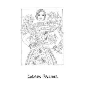 Coloring page of a model in a printed dress