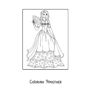 Coloring page of a princess with a dress and a fan