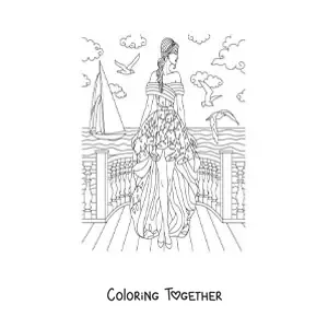 Coloring page of a model in a party dress