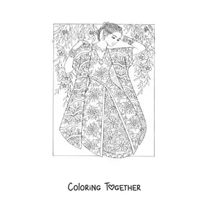 Coloring page of a model in an oriental-style dress
