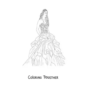 Coloring page of a model in a princess-style dress