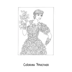 Coloring page of a model in a flower dress