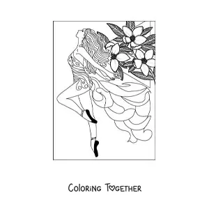 Coloring page of a model in a dress with flowers