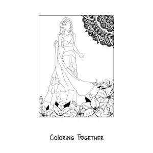 Coloring page of a model in a casual fashion dress