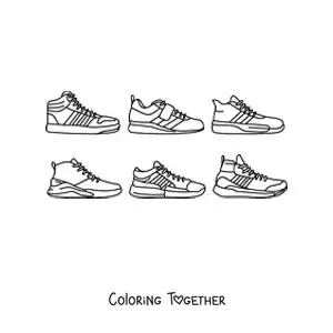 Coloring page of several sports shoes