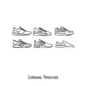 Coloring page of six assorted sports shoes
