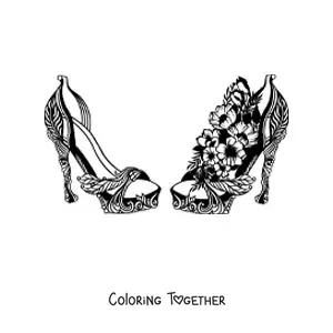 Coloring page of a pair of heels decorated with flowers