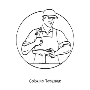 Coloring page of a shoemaker fixing a shoe