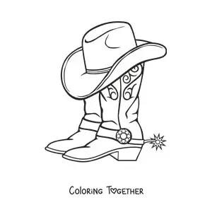 Coloring page of a pair of cowboy boots and a cowboy hat