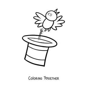 Coloring page of a bird flying out of a magician's hat