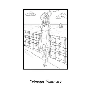 Coloring page of a girl with a summer hat