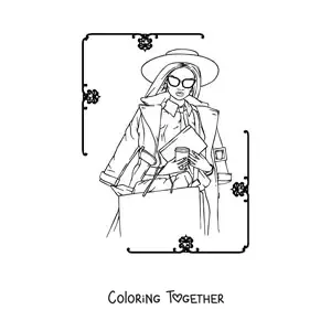 Coloring page of a girl with a wide-brimmed hat