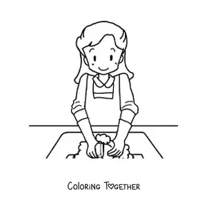 Coloring page of a woman washing the dishes with cleaning gloves