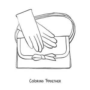 Coloring page of a pair of gloves and an elegant handbag