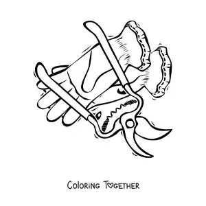 Coloring page of a pair of gloves and a pair of gardening shears