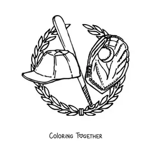 Coloring page of a baseball glove, a bat and a cap