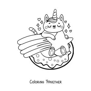 Coloring page of a unicorn cat on a shooting star