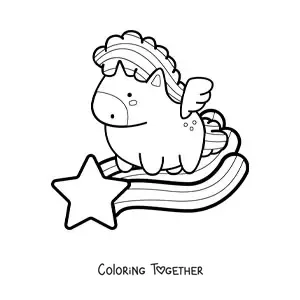 Coloring page of a kawaii pegasus flying over a shooting star