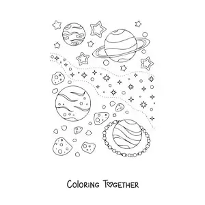 Coloring page of several stars and planets