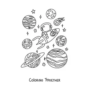 Coloring page of an astronaut and planets of the solar system