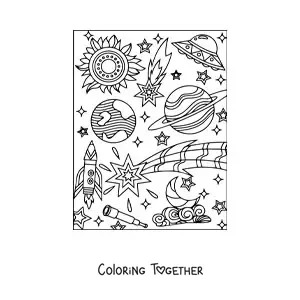 Coloring page of several planets and stars