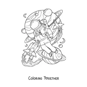 Coloring page of an astronaut next to planets in space