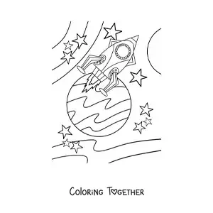 Coloring page of a space rocket near a planet