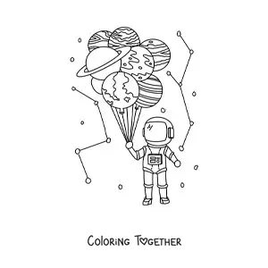 Coloring page of an astronaut holding planet balloons