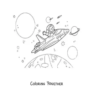 Coloring page of a rocket flying among planets