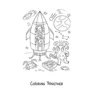 Coloring page of an alien on another planet